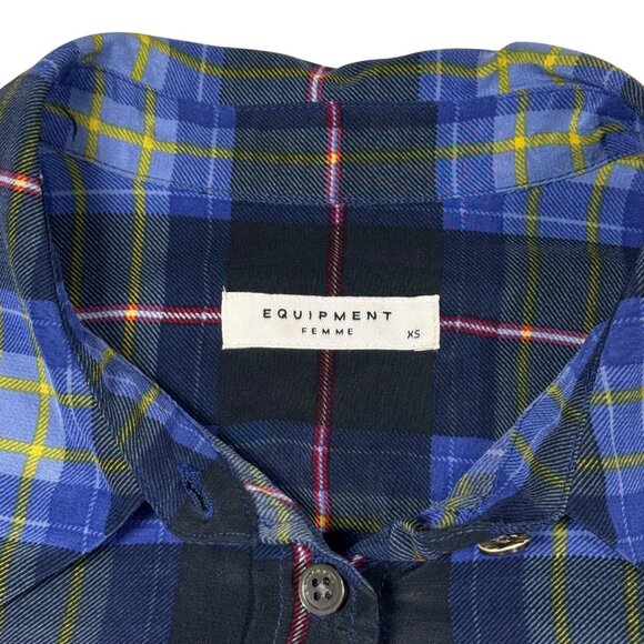 Equipment 100% Silk Plaid Shirt SZ XS Blue Oversized Preppy Academia Grunge - Picture 6 of 12